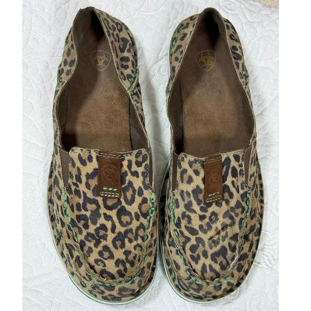 Ariat Women's 8.5 Tan Black Cheetah Print Western Canvas Slip On Loafer Shoes